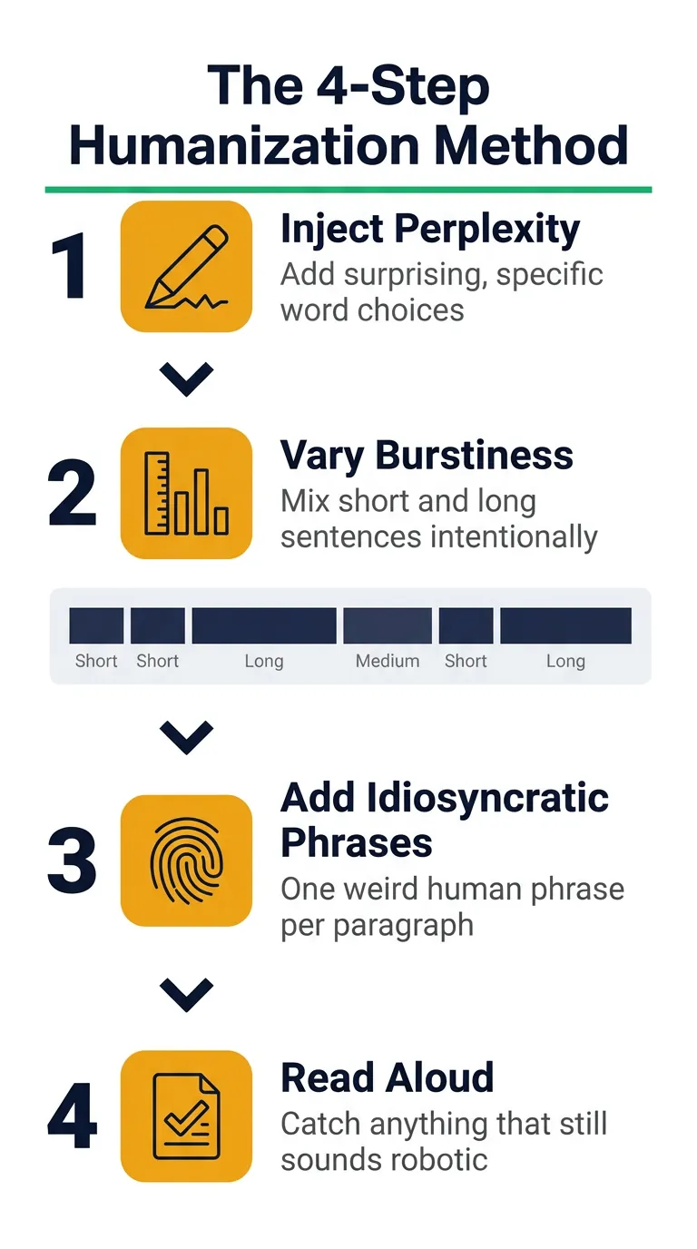 Vertical flowchart titled 'The 4-Step Humanization Method' with four numbered steps, amber icons, and a sentence rhythm bar below Step 2
