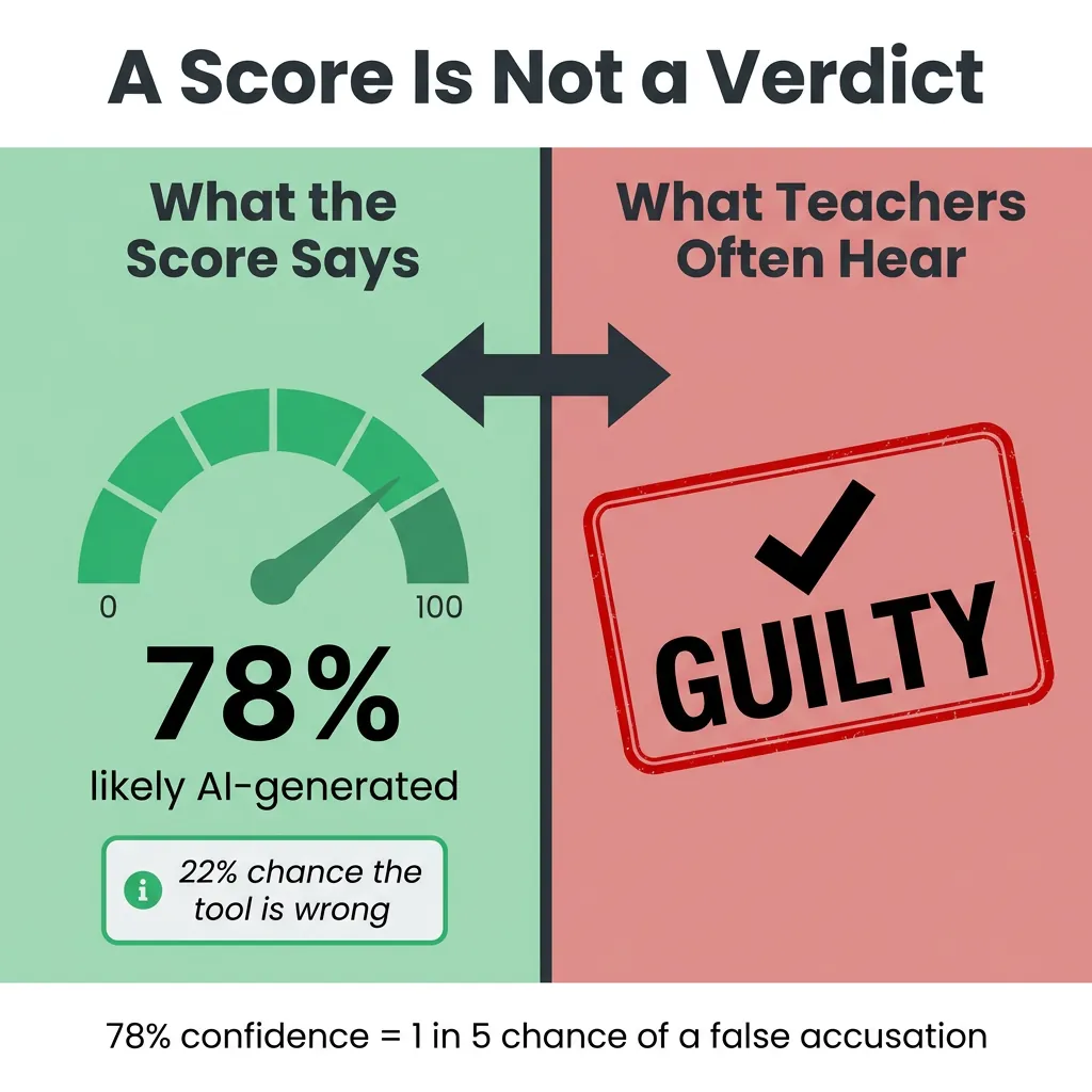 A Score Is Not a Verdict: What AI Detection Confidence Scores Actually Mean Split diagram comparing '78% likely AI-generated' gauge meter versus bold GUILTY stamp, titled 'A Score Is Not a Verdict'