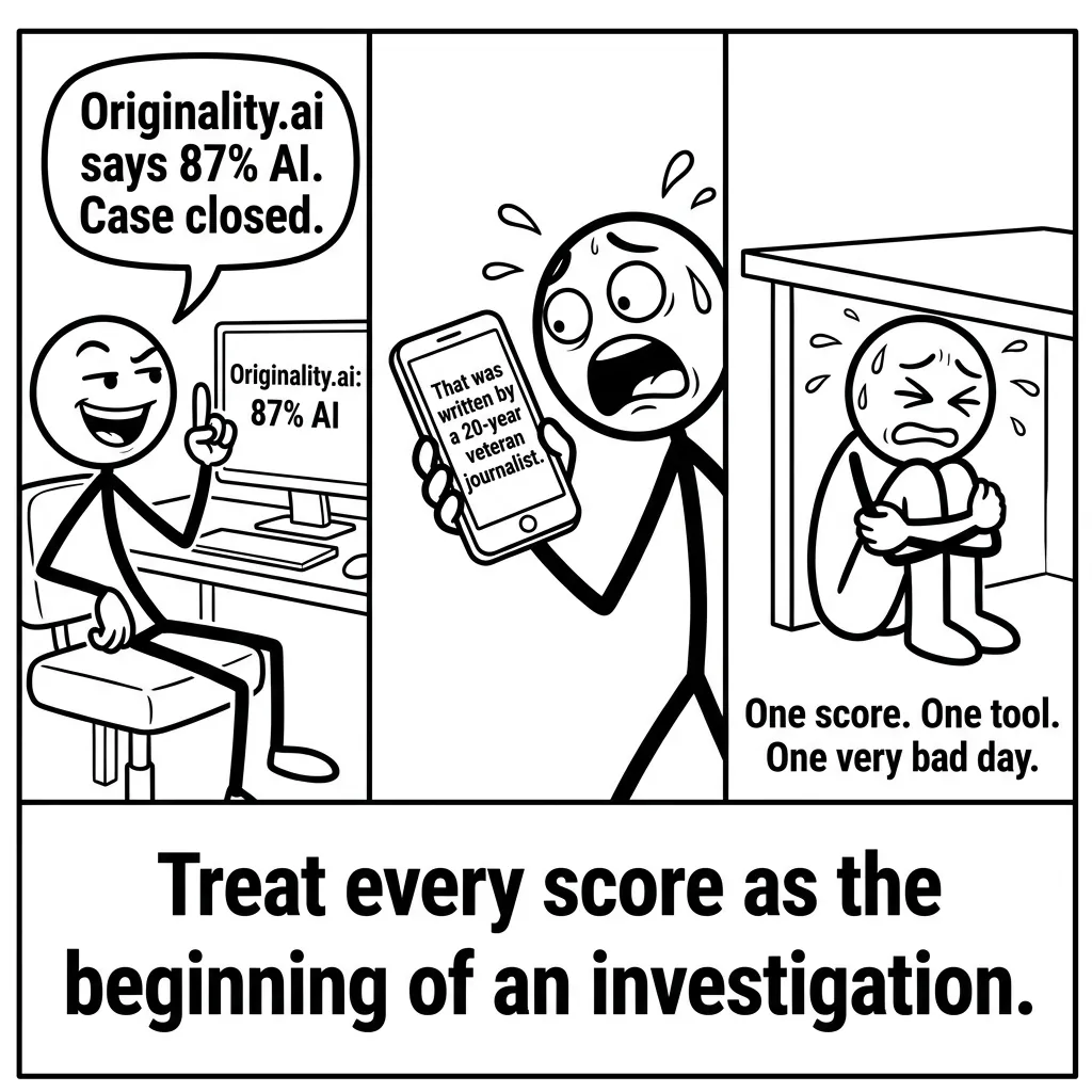 3-panel stick figure comic: editor smugly cites 87% AI score, then panics reading 'written by a 20-year veteran journalist,' then hides under desk