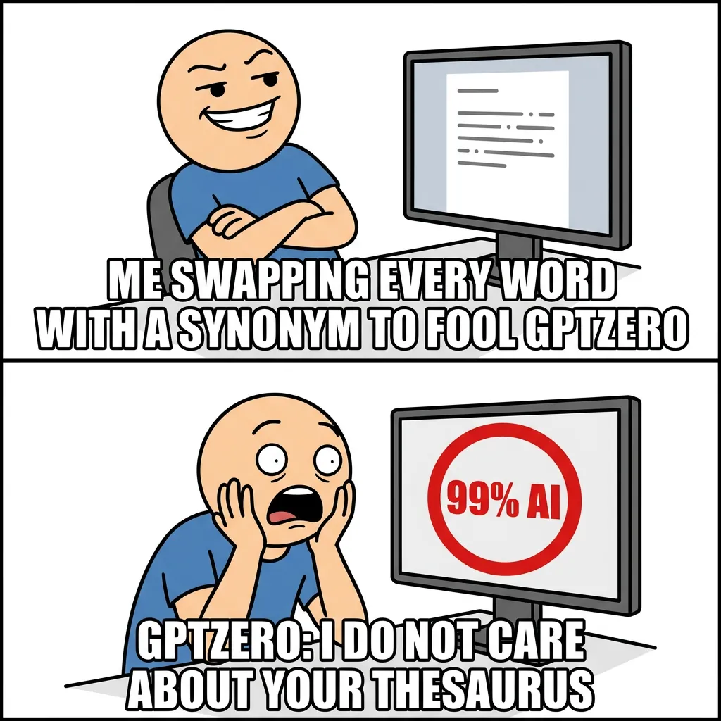 Two-panel meme cartoon: top panel shows smug figure at computer swapping synonyms, bottom panel shows same figure in shock at 99% AI score