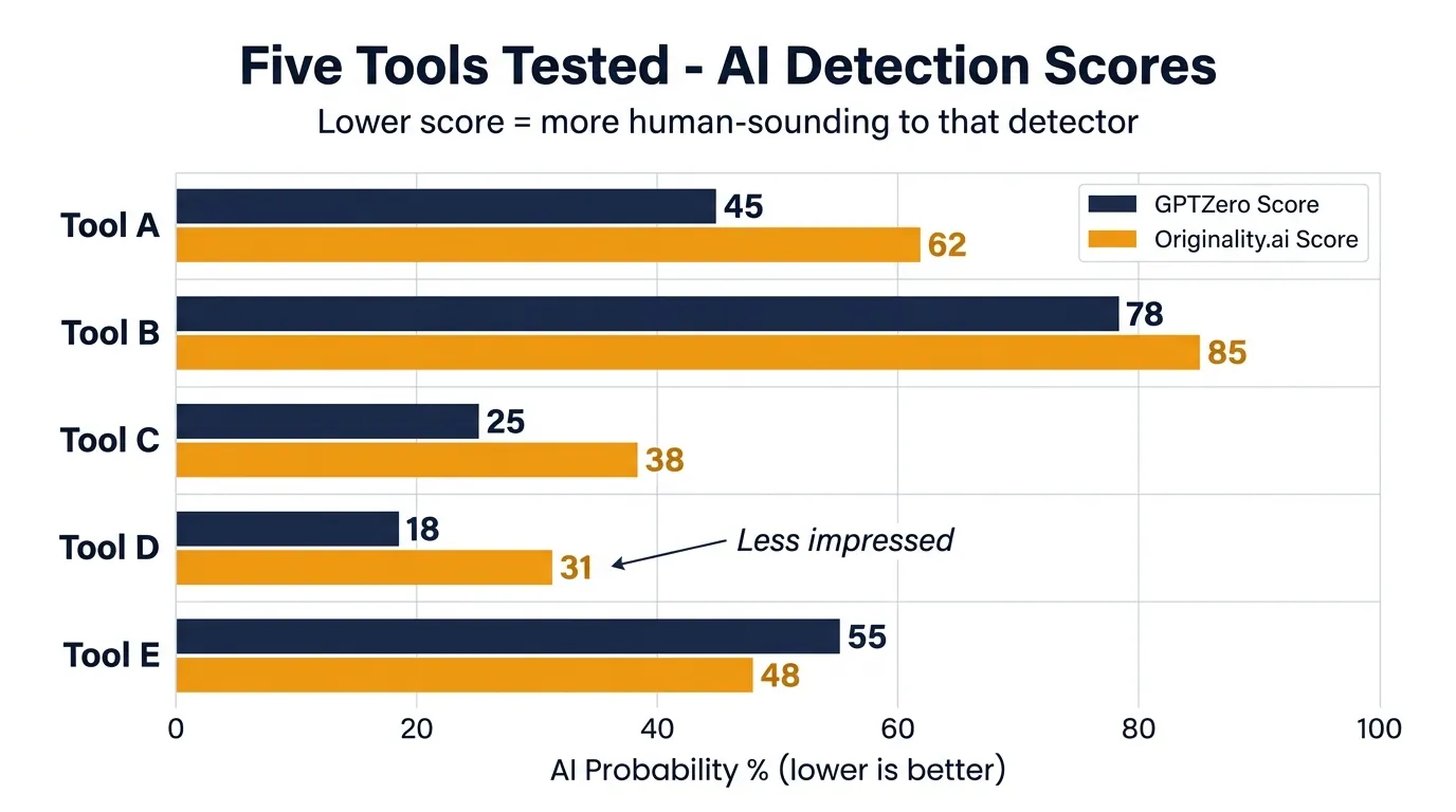 AI Detection Score Comparison: Five Tools Tested Across GPTZero and Originality.ai Horizontal grouped bar chart comparing GPTZero and Originality.ai detection scores for five AI writing tools, with Tool D scoring 18% and 31%
