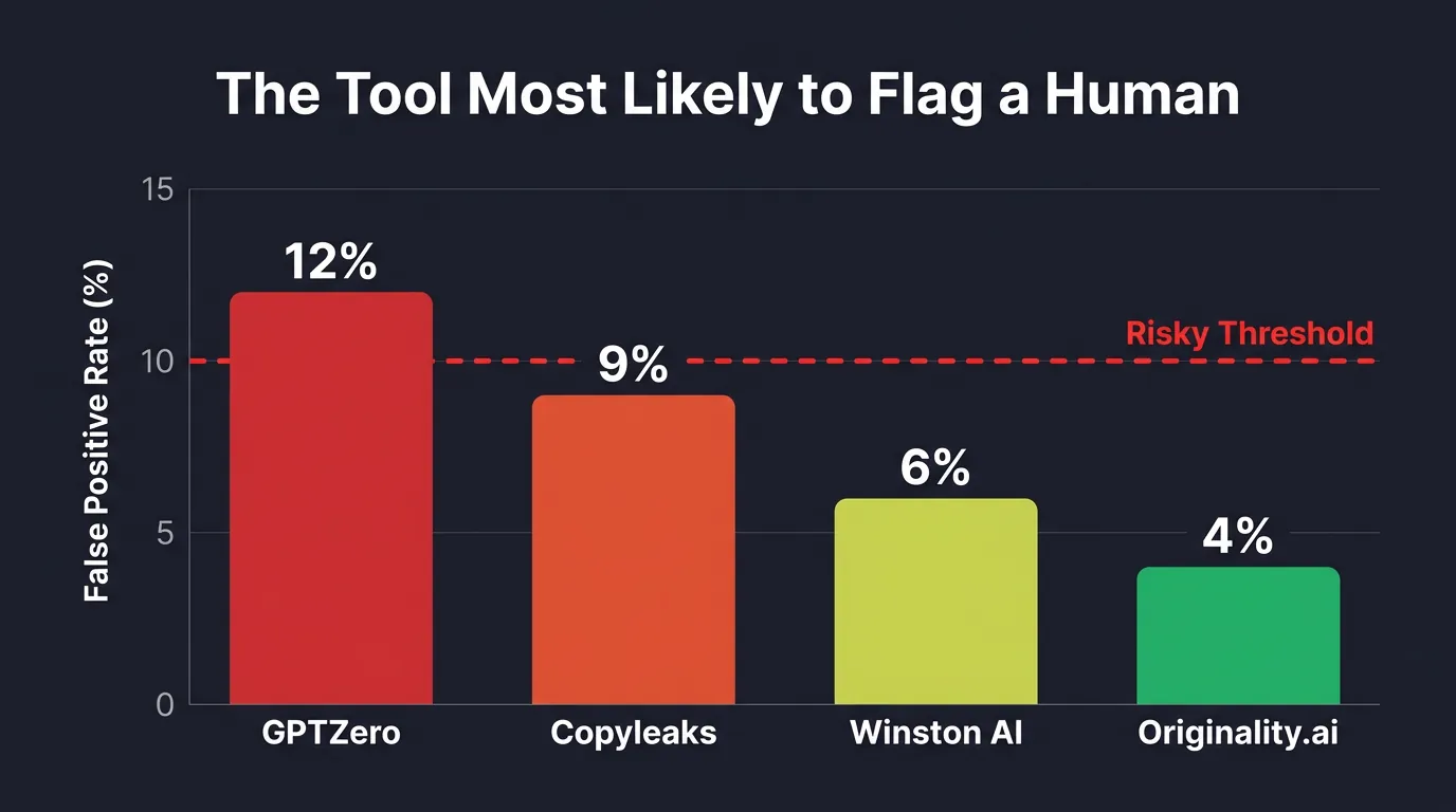 False Positive Rates Across Four AI Detection Tools - Ranked Bar Chart Bar chart ranking GPTZero (12%), Copyleaks (9%), Winston AI (6%), and Originality.ai (4%) by false positive rate, red dashed line at 10% risky threshold