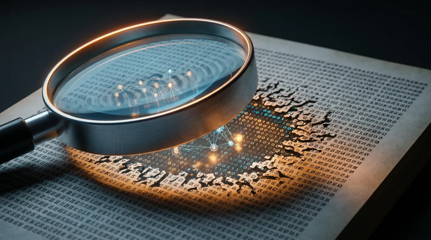 Magnifying glass over dense text page, letters dissolving into glowing binary code and neural network nodes where lens meets paper, deep charcoal background with amber rim light