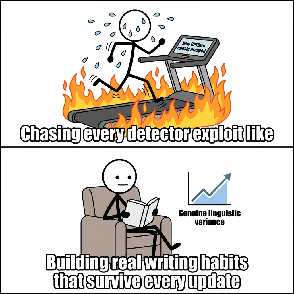 Two-panel meme: top panel shows stick figure running on flaming treadmill labeled 'New GPTZero update dropped', bottom panel shows relaxed figure reading with upward graph labeled 'Genuine linguistic variance'