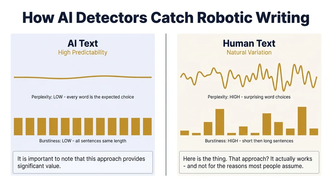 How AI Detectors Catch Robotic Writing - Perplexity and Burstiness Explained Side-by-side diagram comparing AI text vs human text using wave lines and bar charts for perplexity and burstiness scores