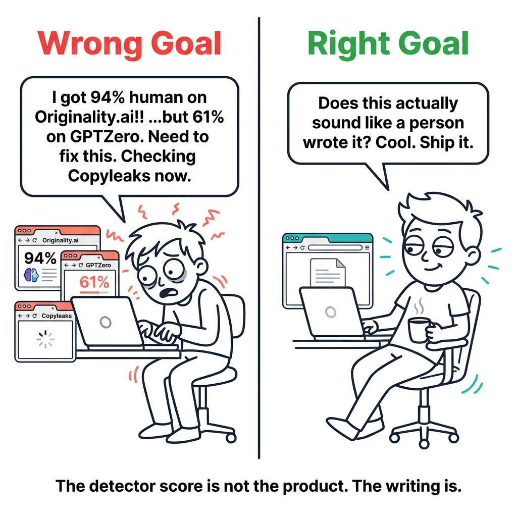 Wrong Goal vs Right Goal: Stop Chasing AI Detector Scores, Start Writing Like a Human Two-panel meme: left shows stressed cartoon at laptop with detector score tabs, right shows relaxed cartoon with coffee and one tab open
