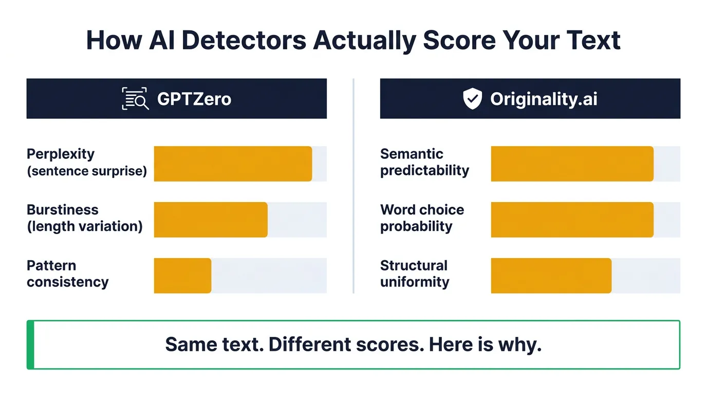 How AI Detectors Score Your Text: GPTZero vs Originality.ai Comparison Side-by-side bar chart comparing GPTZero and Originality.ai scoring criteria, with callout reading 'Same text. Different scores. Here is why.'