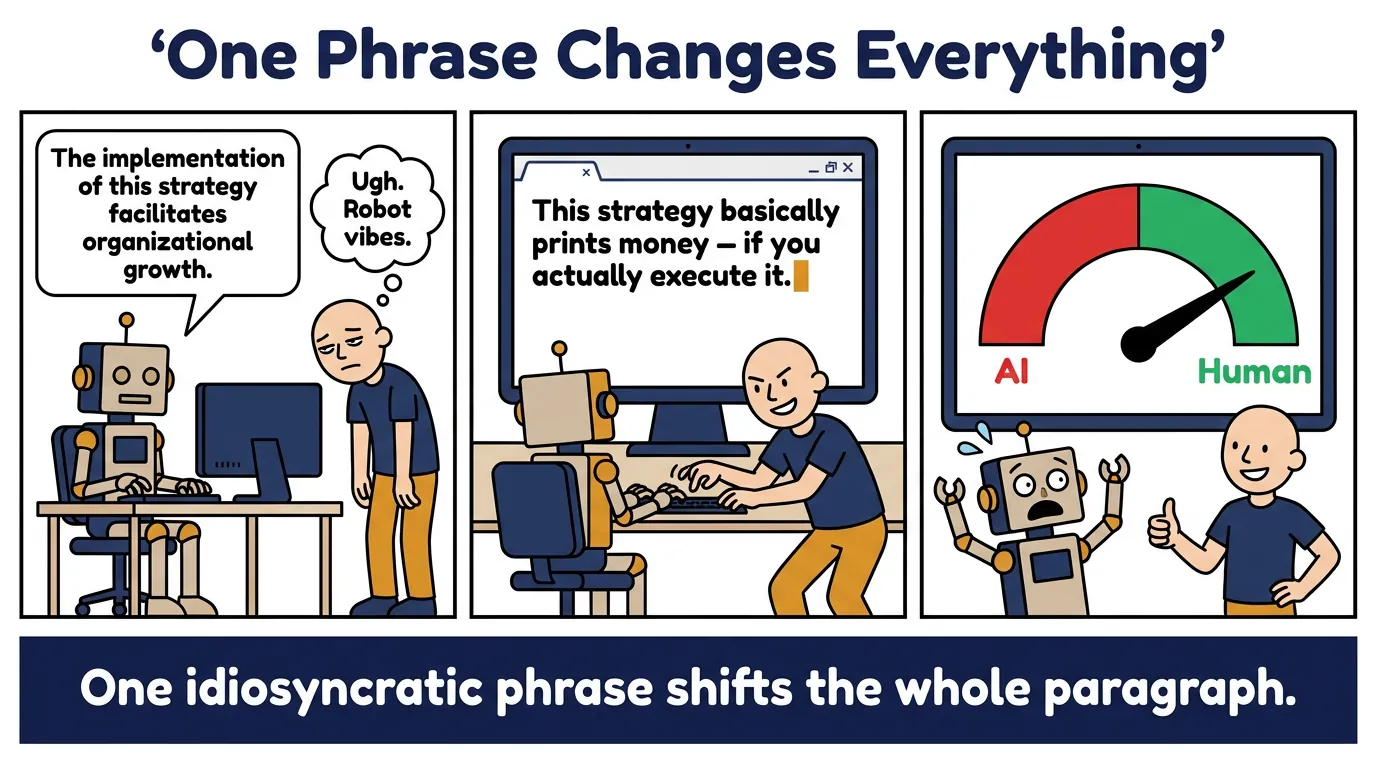 Three-panel comic strip: robot types stiff corporate copy, human editor rewrites it as punchy slang, GPTZero meter swings from AI to Human zone