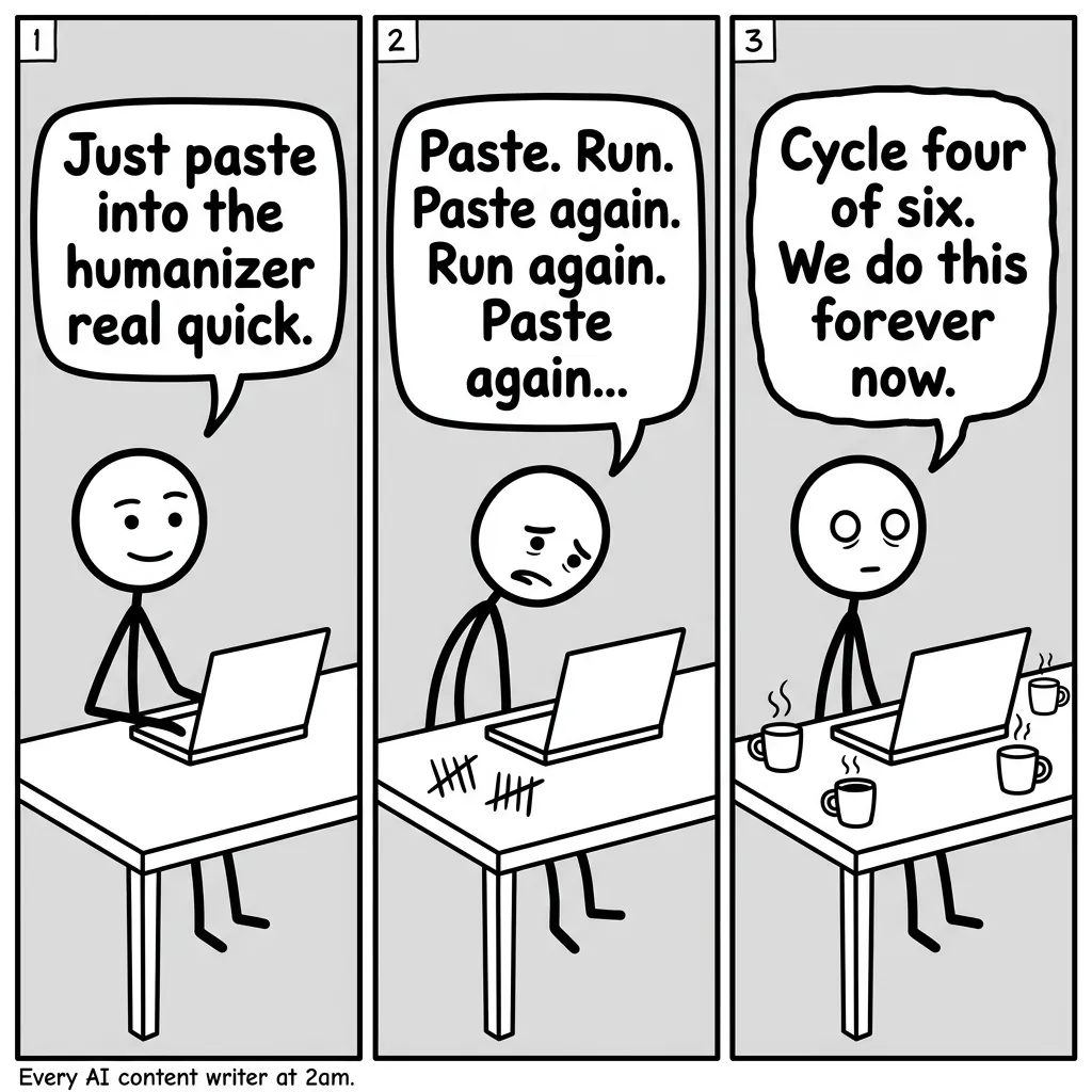 The AI Humanizer Loop: A Comic Strip Every Content Writer Knows Too Well 3-panel stick figure comic strip: confident writer at laptop, exhausted writer with tally marks, hollow-eyed writer surrounded by coffee cups. Caption: 'Every AI content writer at 2am.'