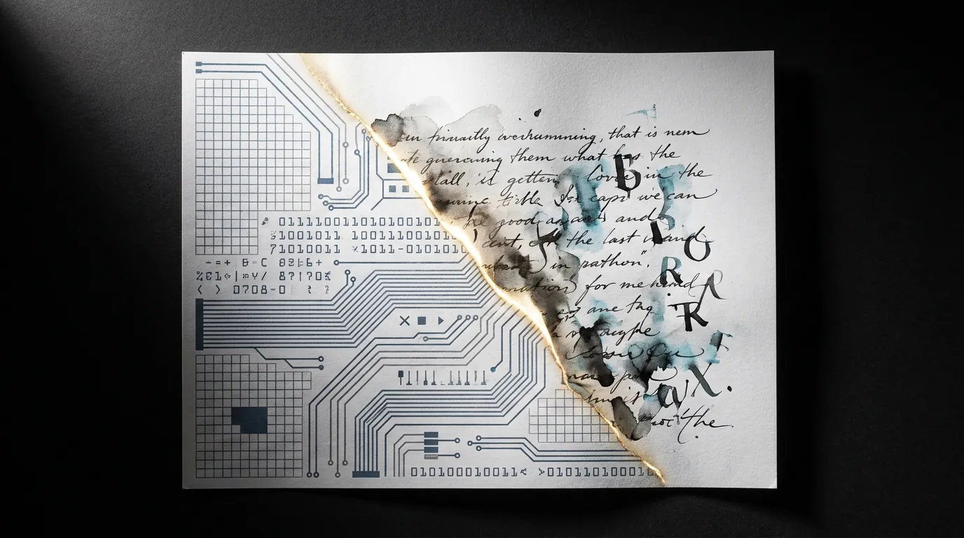 Sheet of paper split between circuit board grid patterns and flowing cursive handwriting, glowing gold boundary between them on dark matte surface