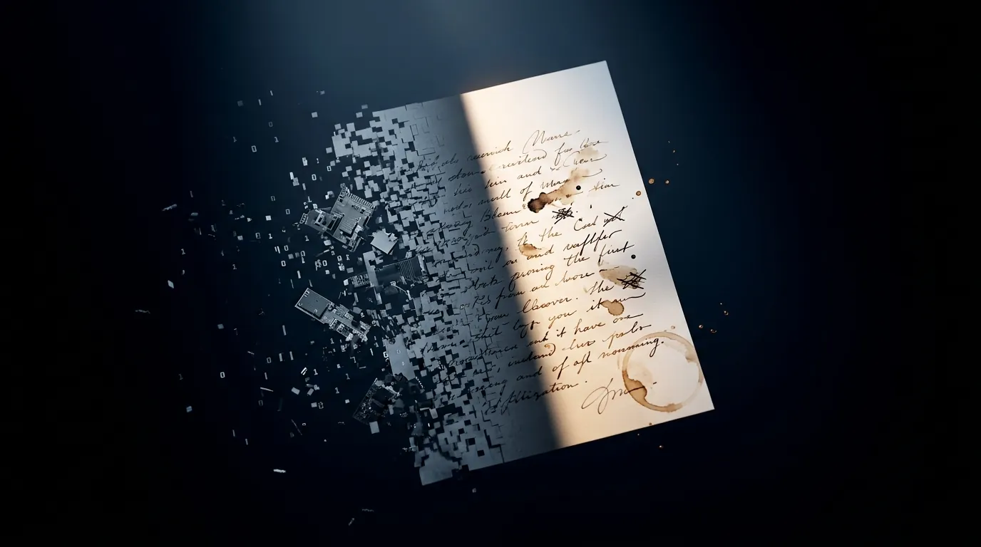 Sheet of paper split down the center — left half crumbling into grey circuit pixels, right half covered in warm handwritten ink strokes, dark background
