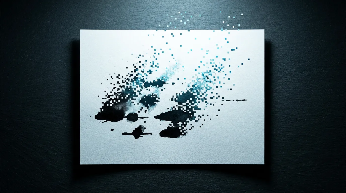 White paper on dark slate surface with text dissolving into cold blue pixel fragments rising upward, contrasted against grounded black ink words