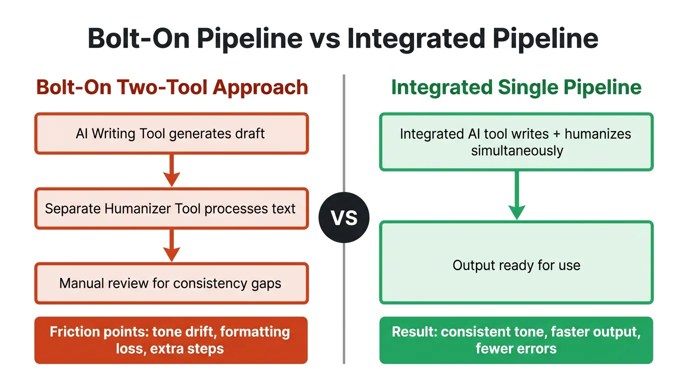 Side-by-side diagram comparing bolt-on two-tool AI writing approach (3 steps, red-orange) vs integrated single pipeline (2 steps, green) with VS divider