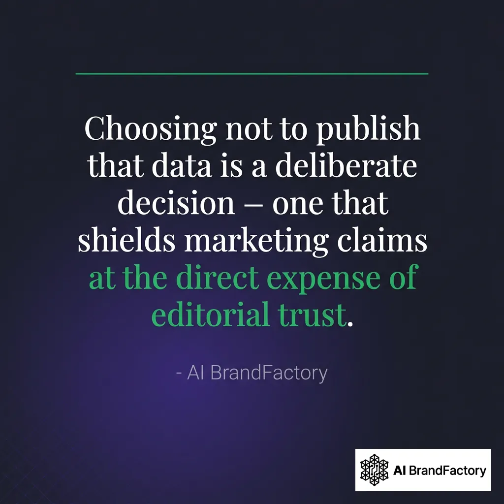 Dark quote card with white serif text: 'Choosing not to publish that data is a deliberate decision' with 'editorial trust' highlighted in green
