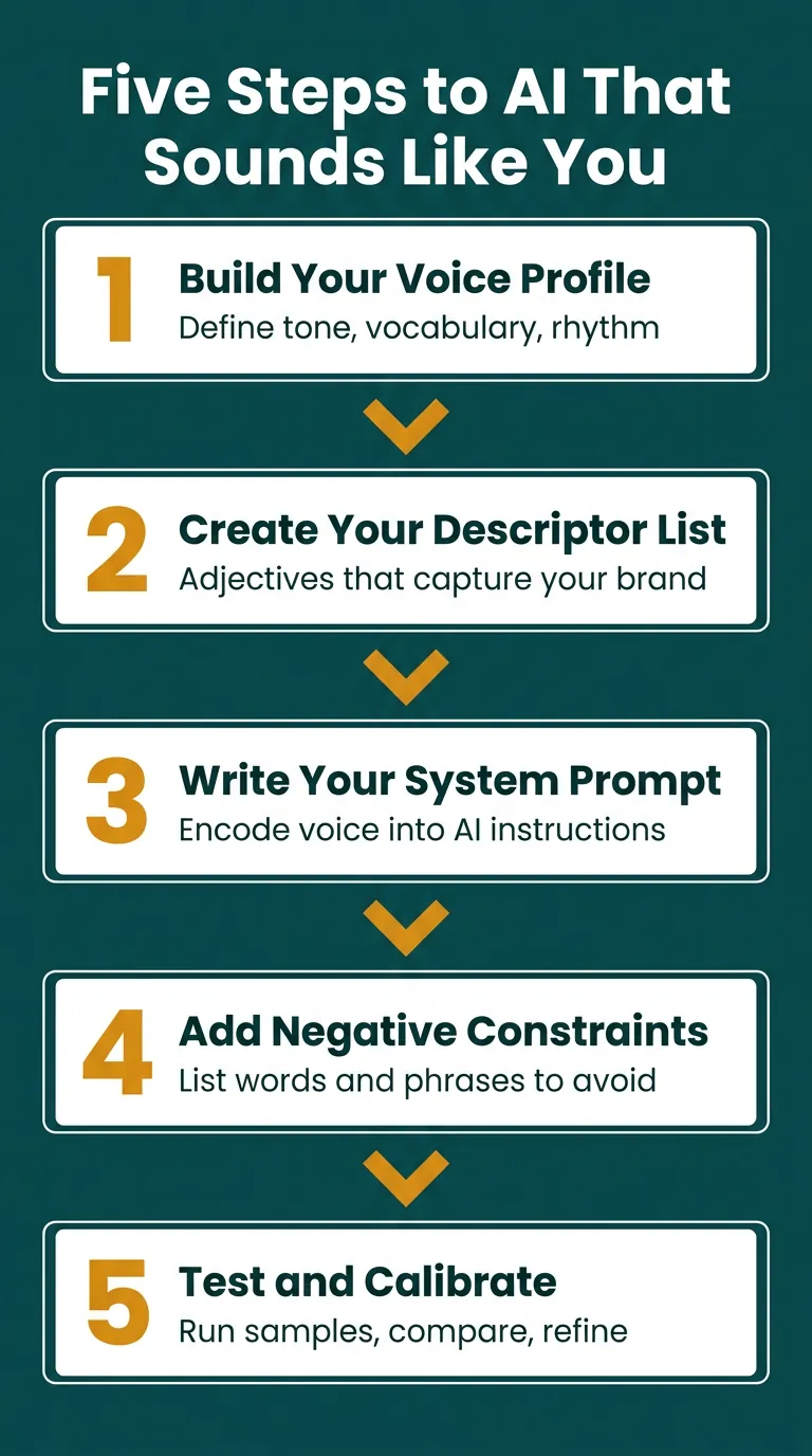 Five-step vertical infographic on deep teal background showing how to build an AI brand voice, with amber step numbers and white boxes