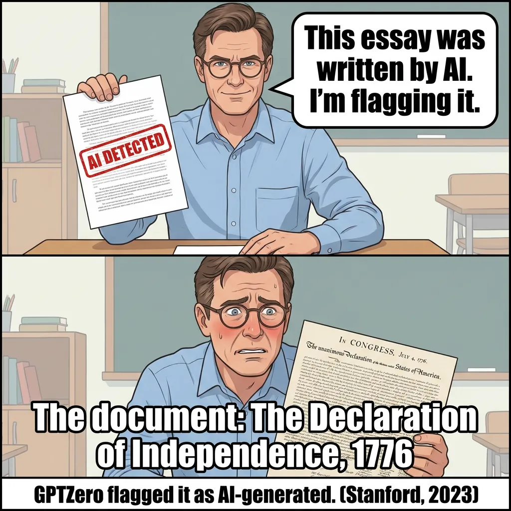 GPTZero Flagged the Declaration of Independence as AI - Two-Panel Meme Two-panel meme: professor stamps essay 'AI detected' then looks embarrassed holding the Declaration of Independence flagged by GPTZero