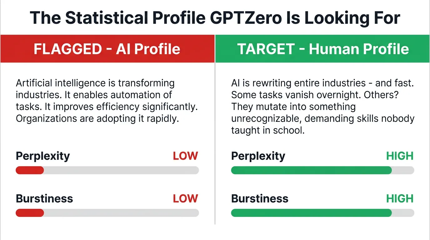 Side-by-side card comparing GPTZero AI profile vs human profile, with red and green headers, perplexity and burstiness bars nearly empty on left and nearly full on right