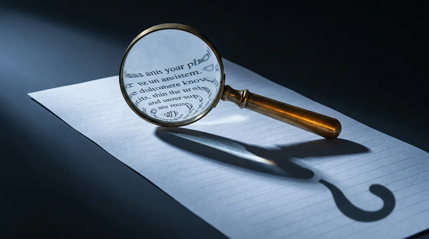 Magnifying glass hovering over paper with warped, distorted text under the lens, long shadow shaped like a question mark on dark background