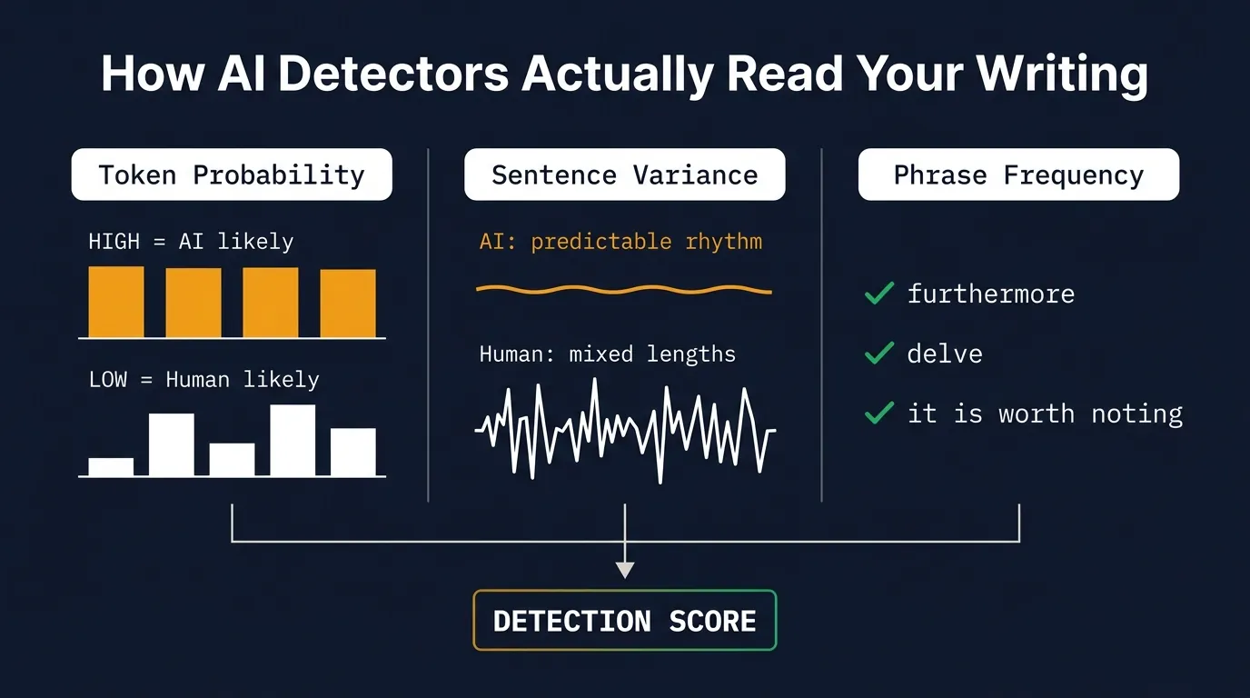 How AI Detectors Actually Read Your Writing - Three-Signal Analysis Diagram Dark navy diagram with three columns: Token Probability bar charts, Sentence Variance waveforms, Phrase Frequency word list with checkmarks, all feeding into Detection Score box