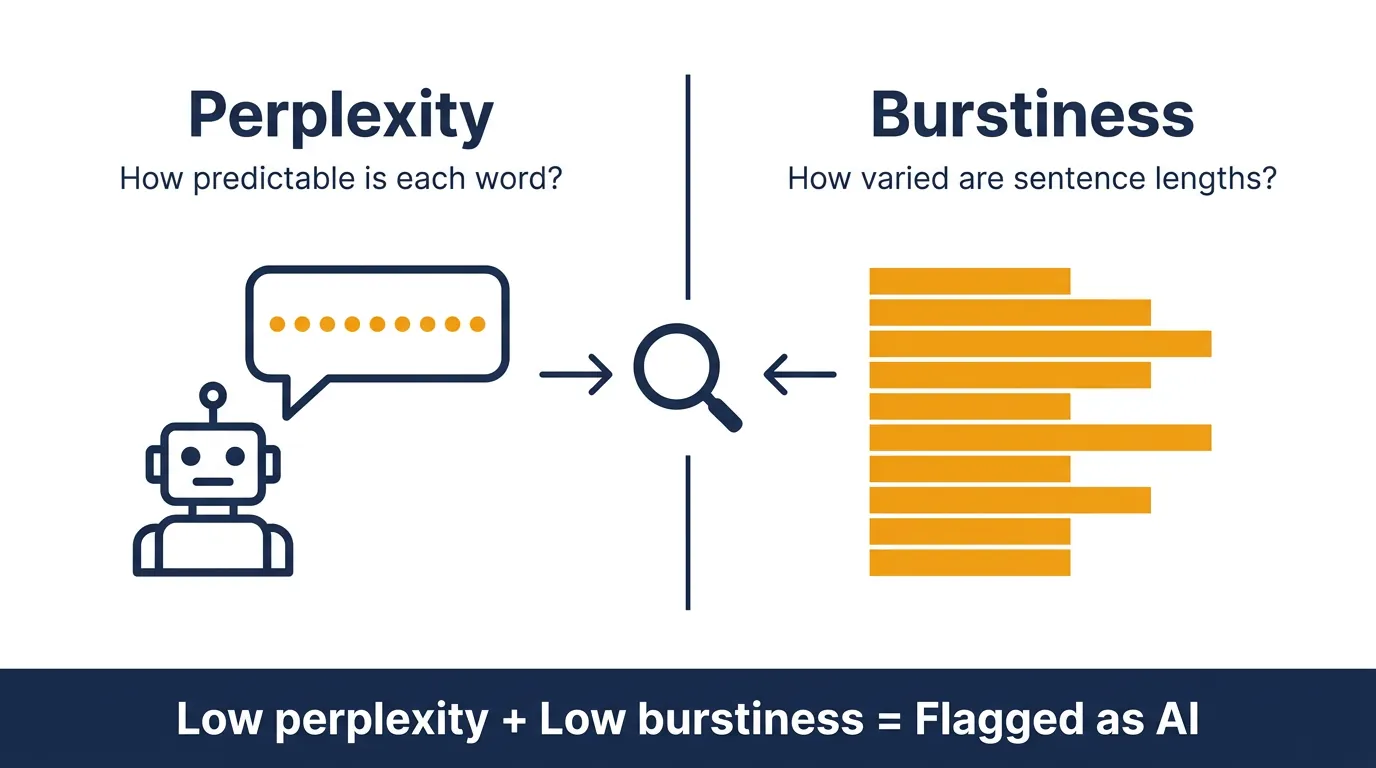 Flat diagram comparing GPTZero's two AI detection signals: Perplexity panel with robot and uniform dots, Burstiness panel with identical-height bars