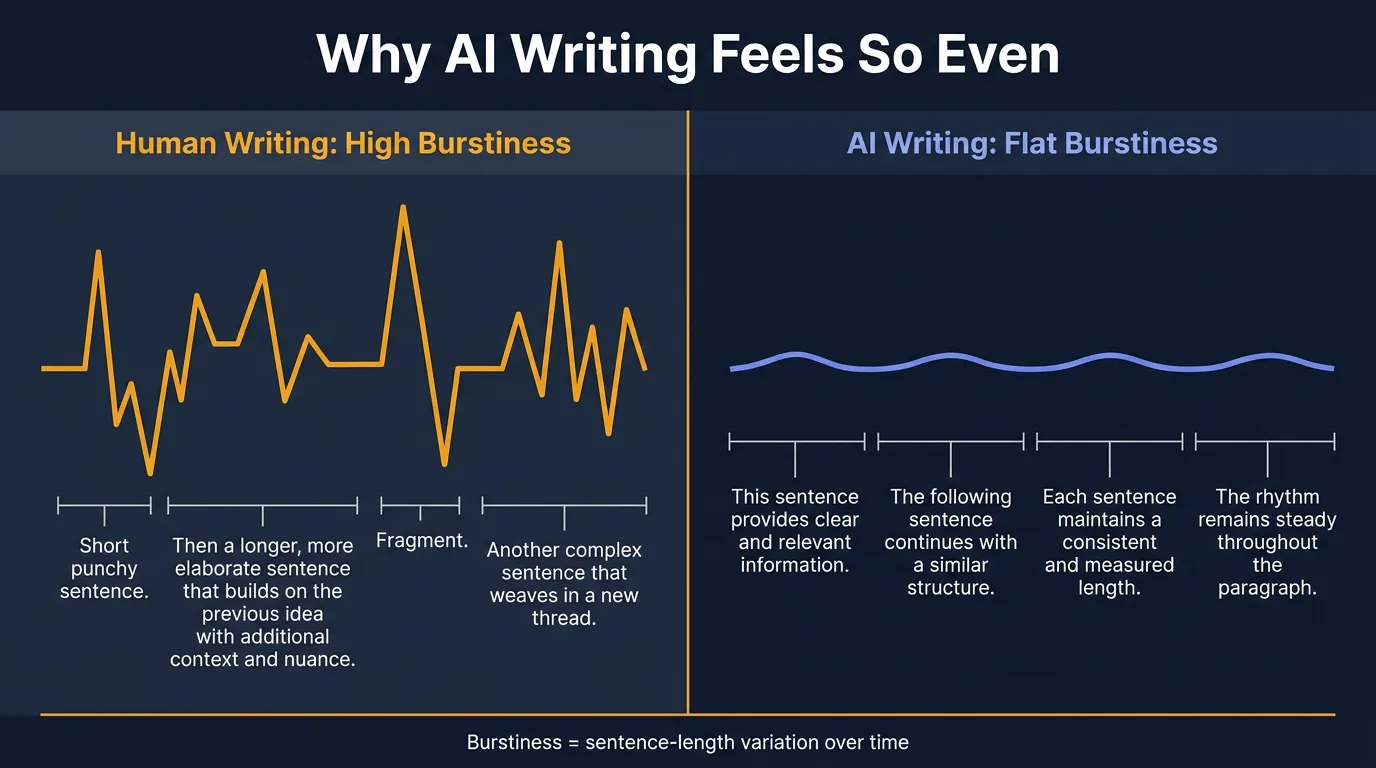 Human Writing vs AI Writing: Burstiness Comparison Diagram Side-by-side diagram on dark navy background comparing jagged human writing waveform to flat AI writing waveform, with sentence-length annotations under each