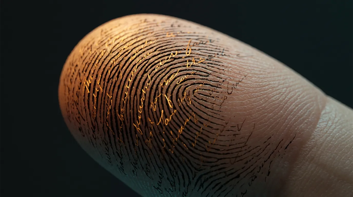 Macro fingerprint with ridges made of handwritten script, fading into blank skin under warm amber light on dark background