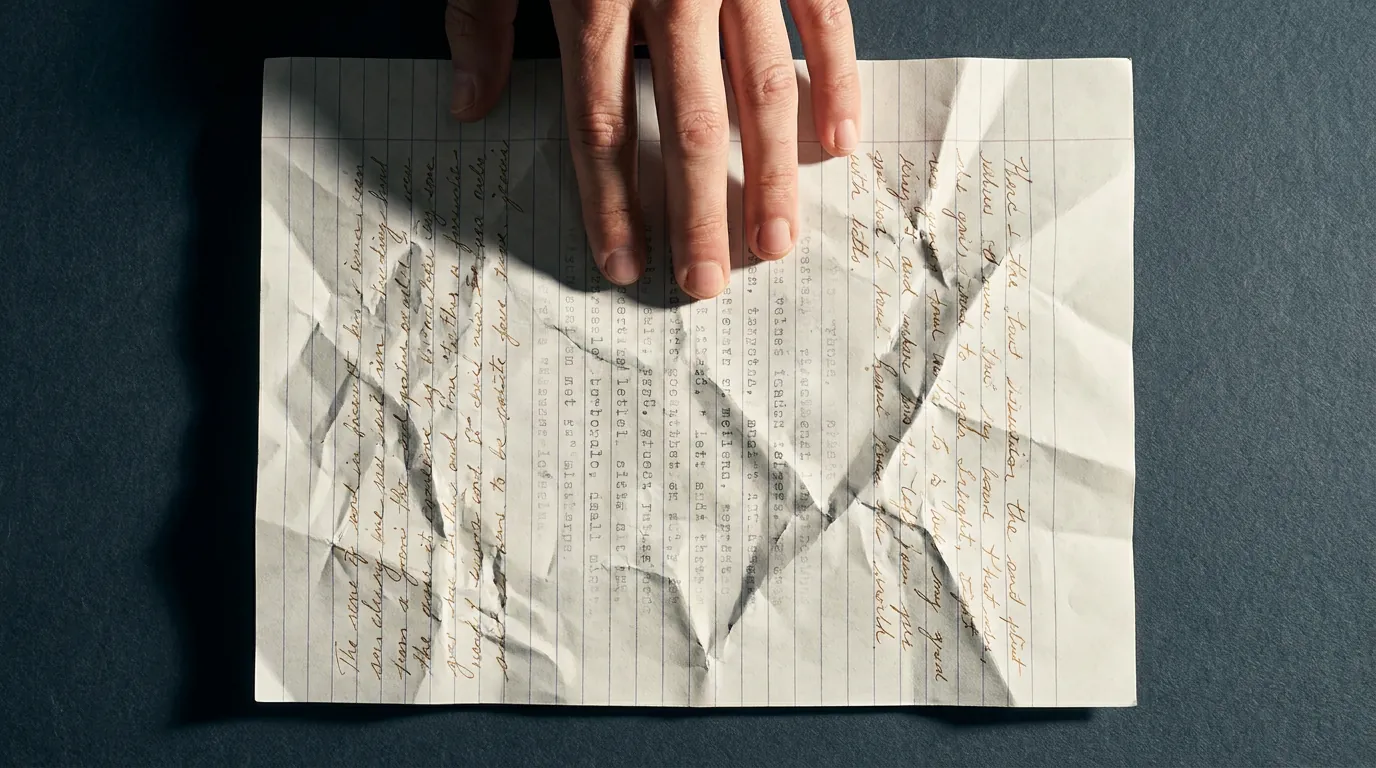 Hand smoothing crumpled notebook paper covered in printed text fading into handwritten script, harsh shadows in the creases, overhead shot