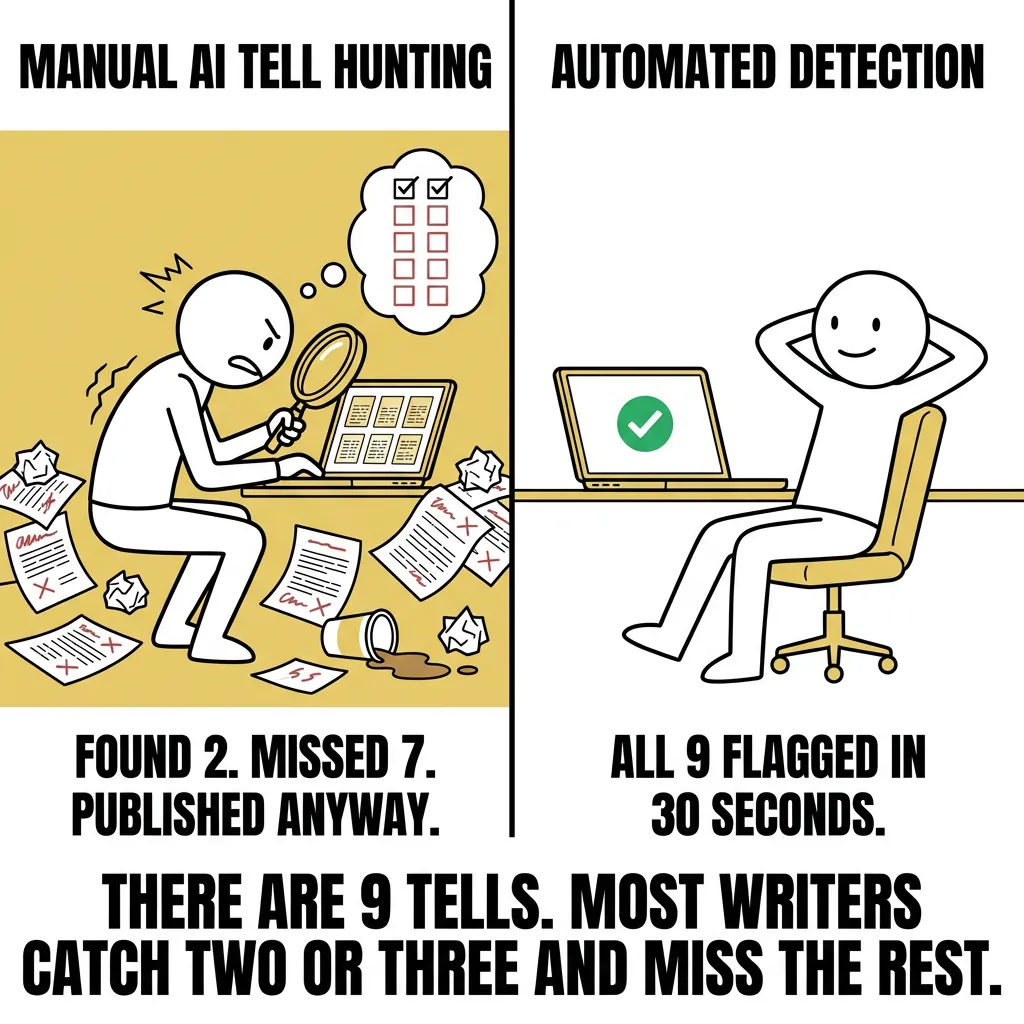 Manual AI Tell Hunting vs. Automated Detection - 9 Tells Meme Two-panel cartoon meme: stressed stick figure with magnifying glass and scattered papers vs. relaxed figure with green checkmark laptop screen