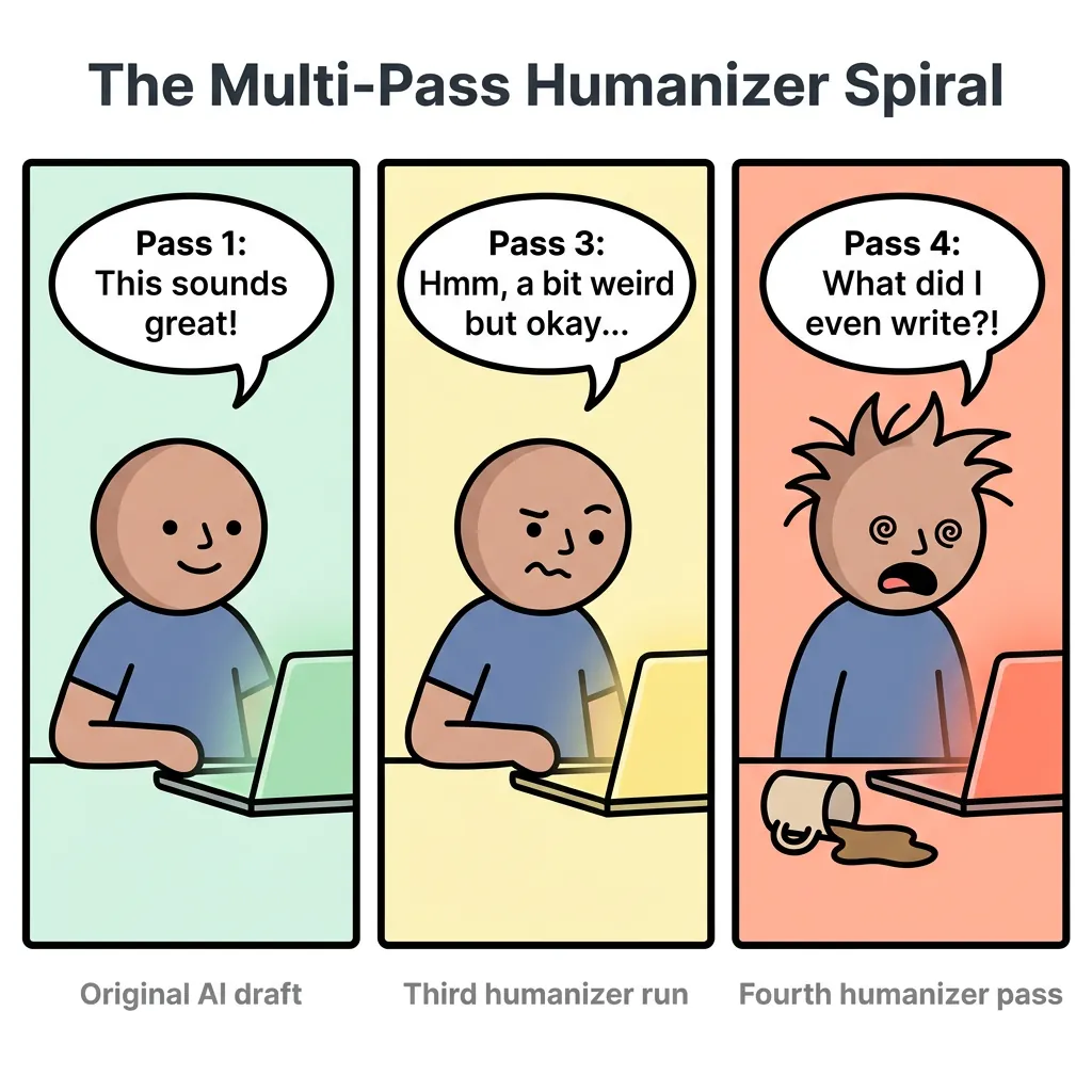3-panel comic strip: confident person at laptop, then confused, then horrified with spilled coffee and messy hair, captioned 'The Multi-Pass Humanizer Spiral'