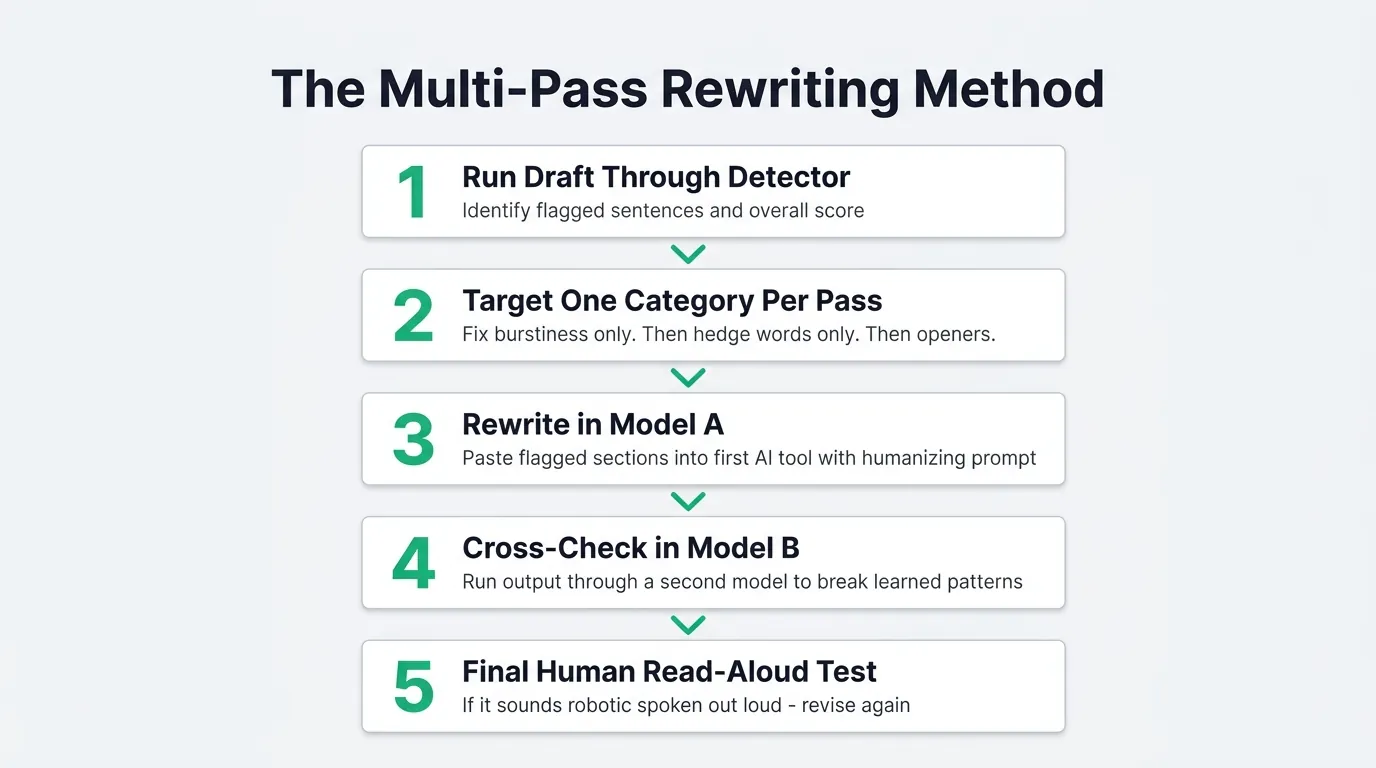 The Multi-Pass Rewriting Method: 5-Step Workflow Diagram Five-step workflow diagram titled 'The Multi-Pass Rewriting Method' with white cards on gray background, teal numbered steps from detector run to read-aloud test