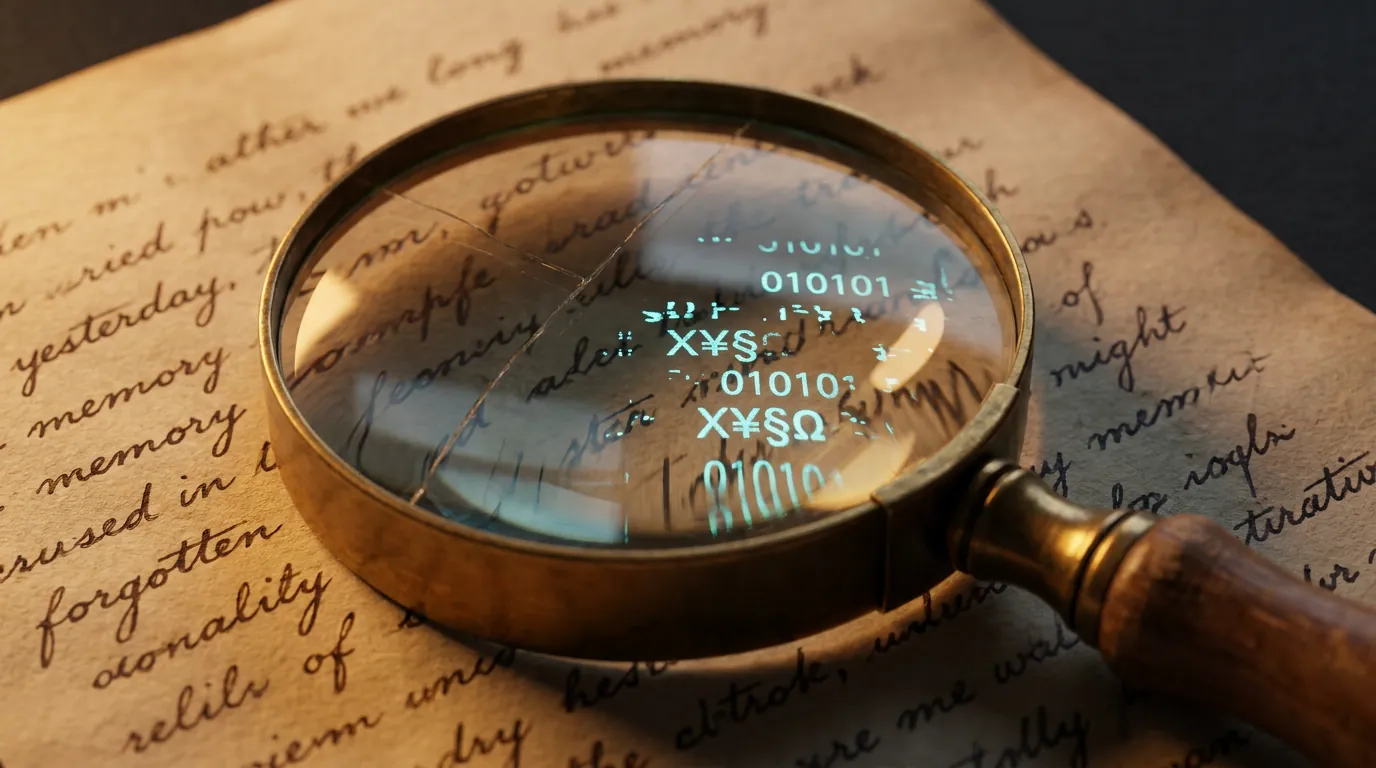 Cracked magnifying glass over handwritten cursive text, edges showing legible letters while center distorts into glitching cyan binary code, dramatic amber side lighting on dark background