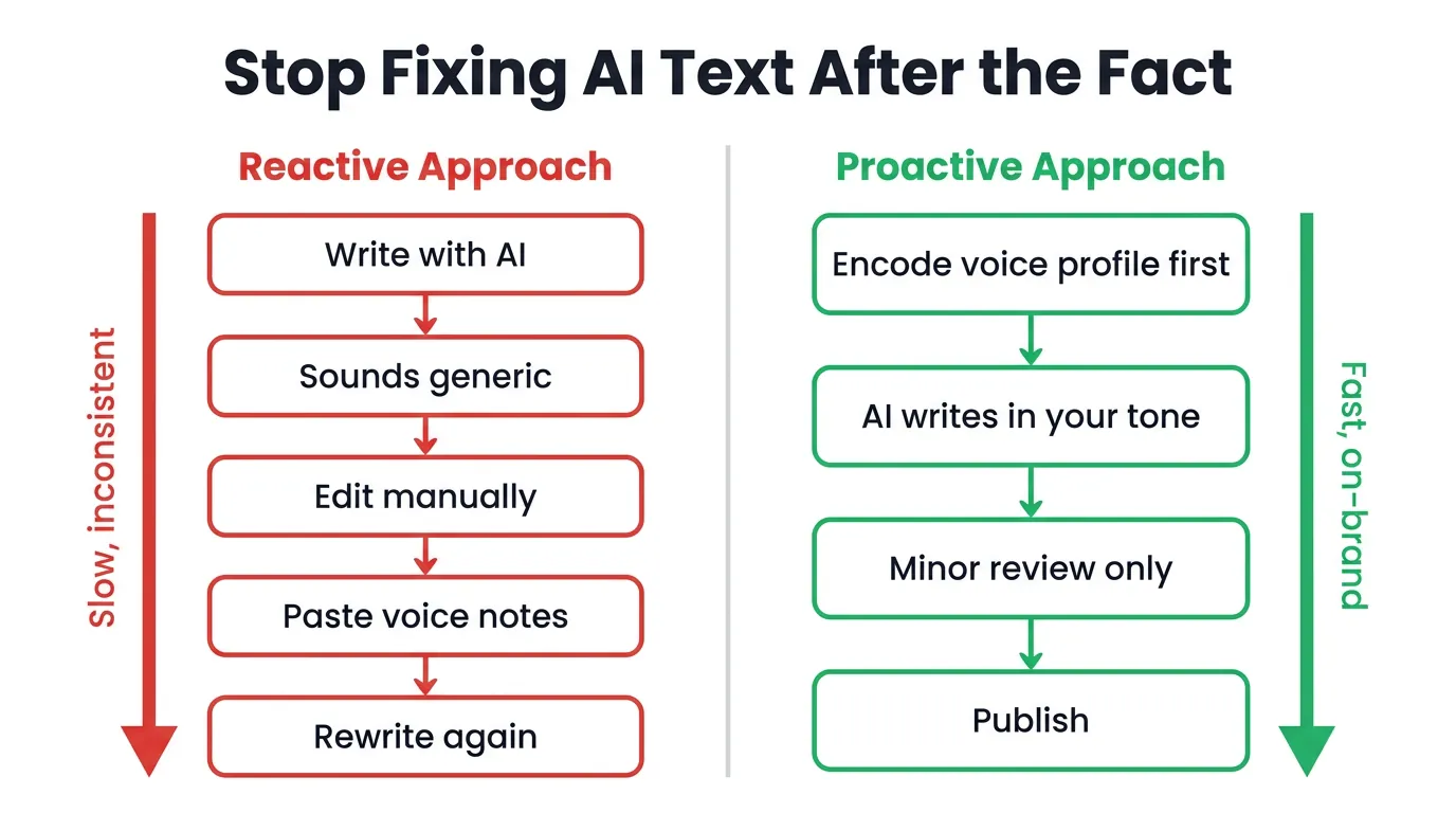 Side-by-side flowchart comparing reactive AI writing (5 steps, red) vs proactive voice-first approach (4 steps, green)