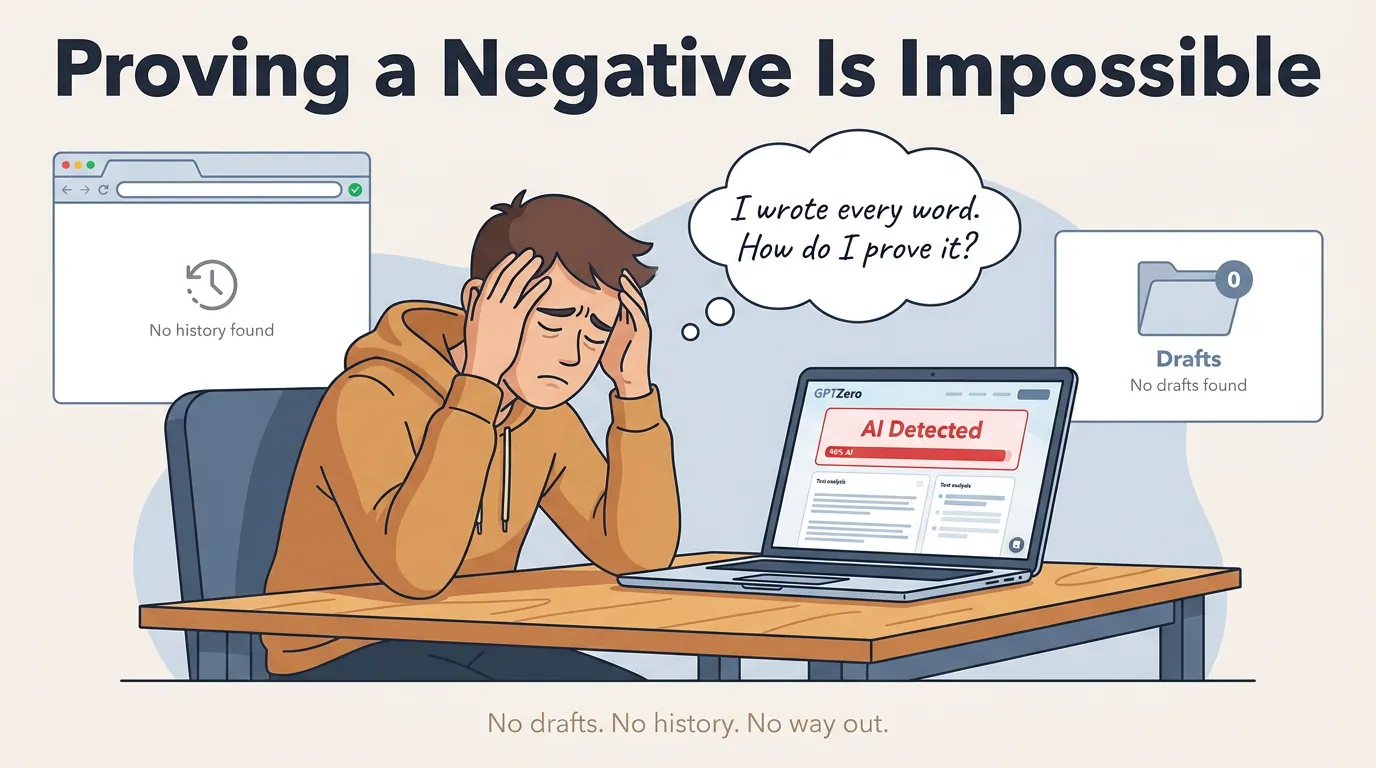 Proving a Negative Is Impossible: The AI Detection Trap Students Can't Escape Student at desk, head in hands, laptop showing GPTZero red 'AI Detected' warning, empty drafts folder and browser history panels visible nearby
