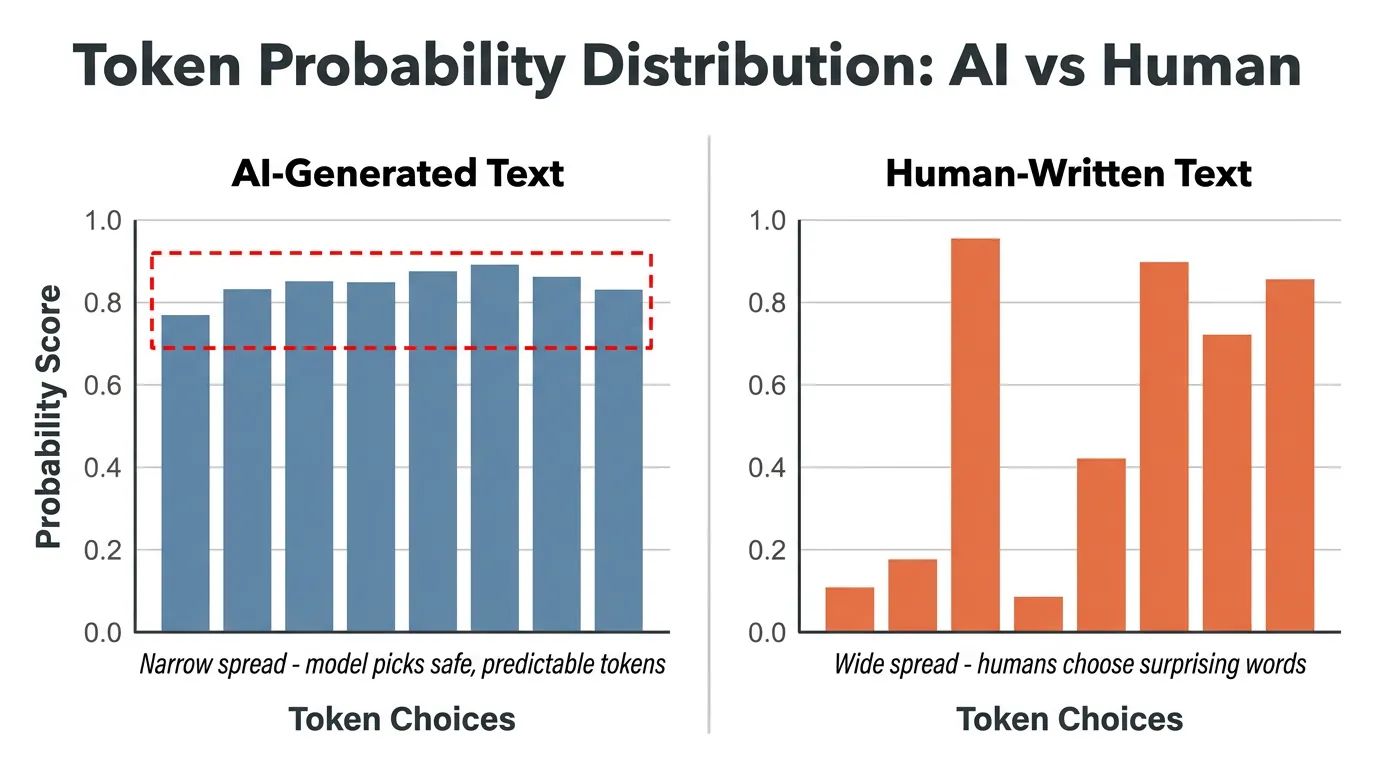 Side-by-side bar charts comparing token probability scores: uniform gray-blue AI bars clustered 0.7-0.9 with red dashed box vs. jagged orange human bars ranging 0.1-0.95