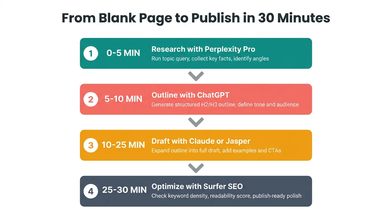Vertical timeline infographic with four colored blocks showing a 30-minute AI content workflow from research to SEO optimization