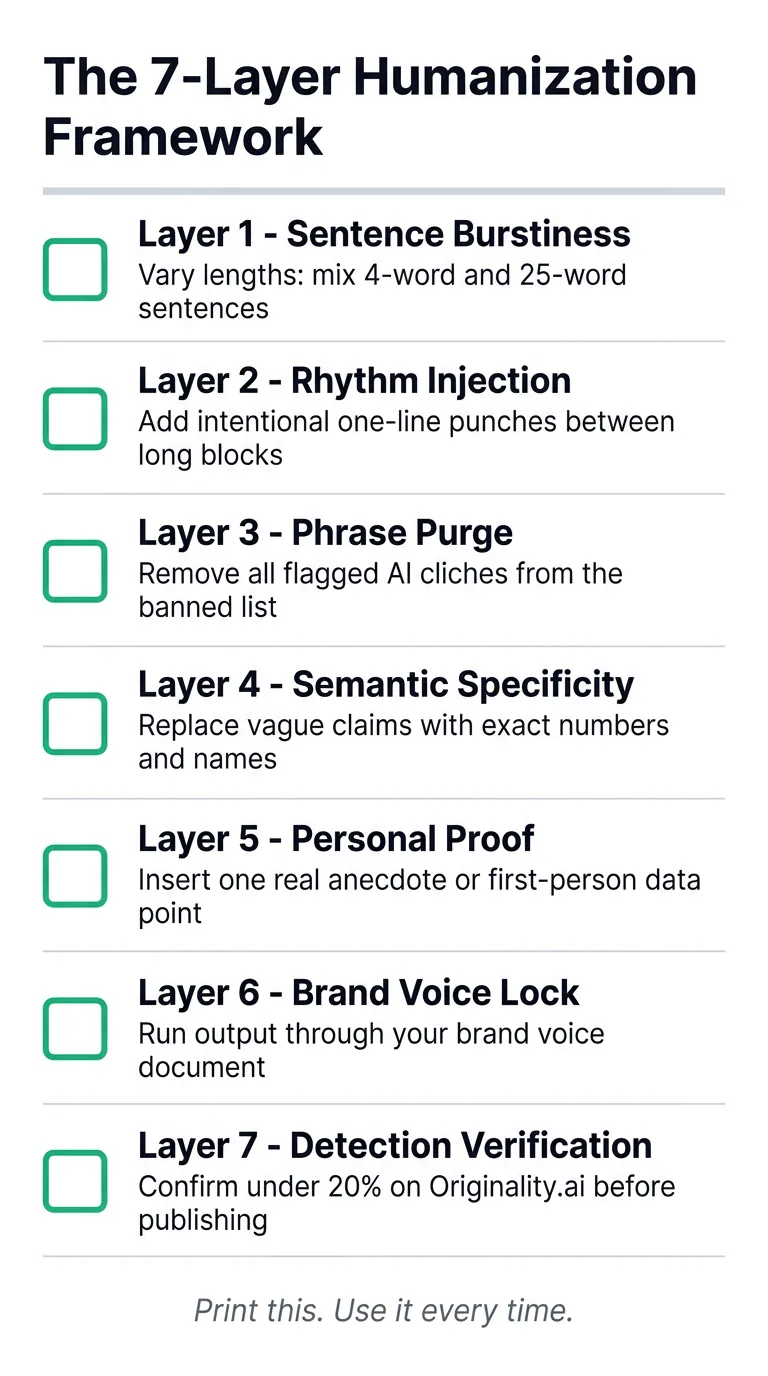 Checklist infographic titled The 7-Layer Humanization Framework with 7 teal checkbox rows covering sentence burstiness, rhythm, phrase purge, and AI detection on white background