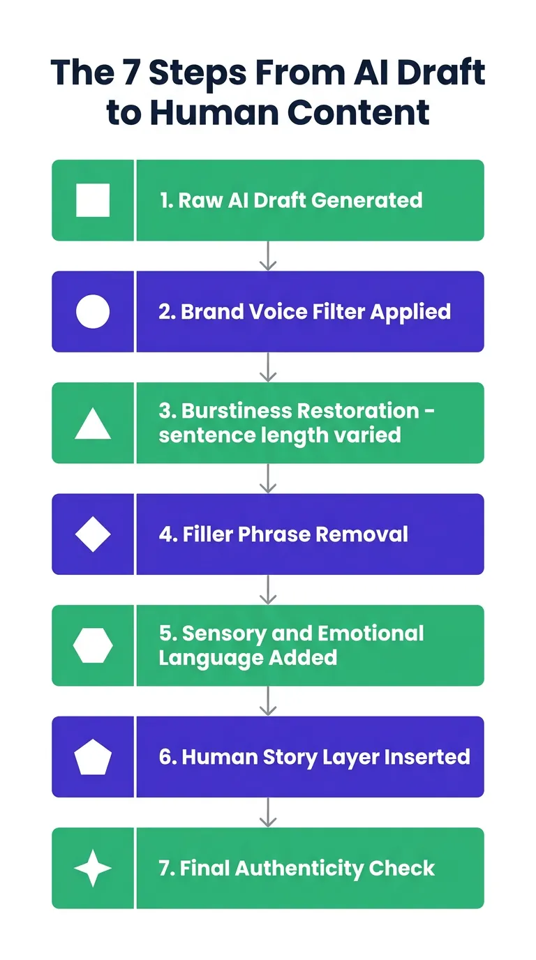 Vertical flowchart with 7 alternating green and indigo steps showing AI content humanization process from raw draft to final authenticity check
