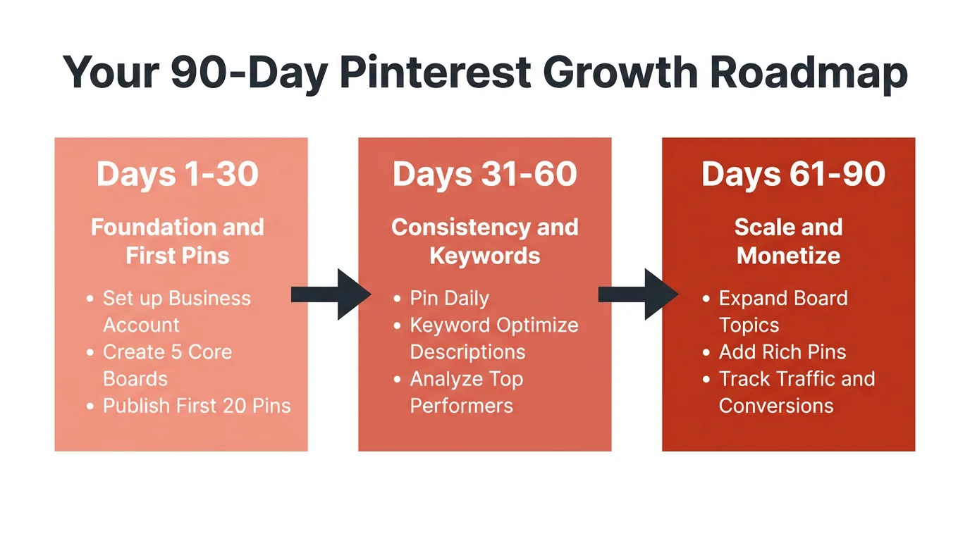 Horizontal timeline with three coral-to-red phase blocks covering a 90-day Pinterest growth roadmap with bullet points for each phase