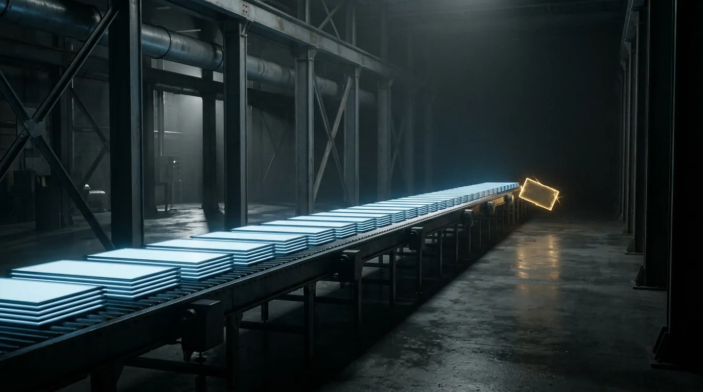 Factory conveyor belt stretching into darkness, rows of identical cold blue glowing panels with one warm golden rectangle breaking from the line
