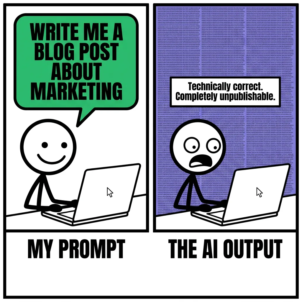 Two-panel meme comic: stick figure happily prompts AI for blog post (left), then stares in horror at wall-of-text output labeled 'Completely unpublishable' (right)