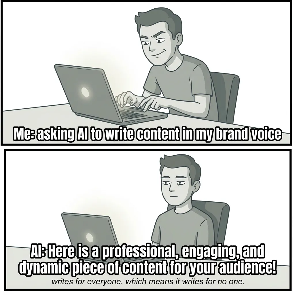 Two-panel meme: top panel shows person typing confidently at laptop, bottom panel shows same person staring blankly at screen with deadpan expression