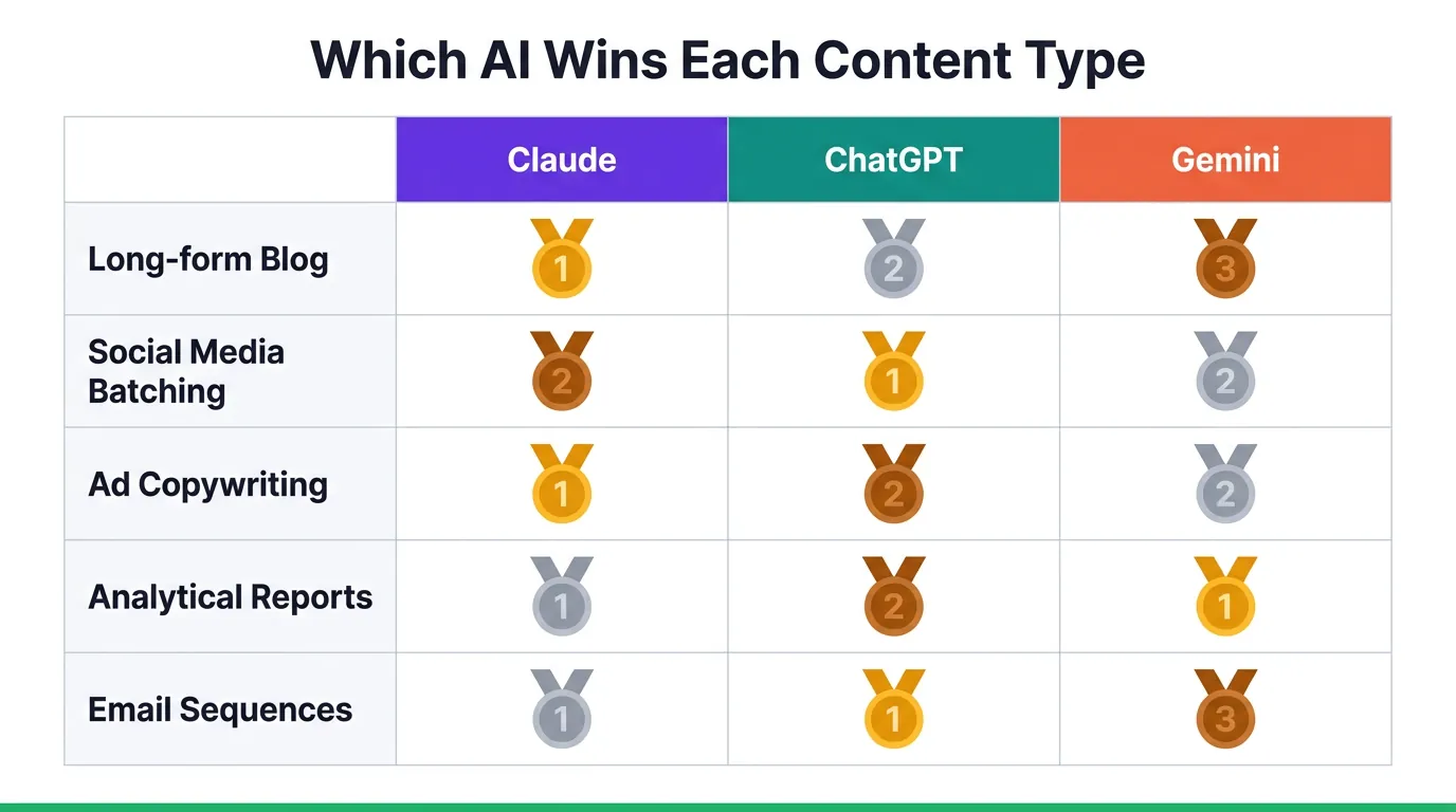 Flat grid chart ranking Claude, ChatGPT, and Gemini across five content types using gold, silver, and bronze medal badges