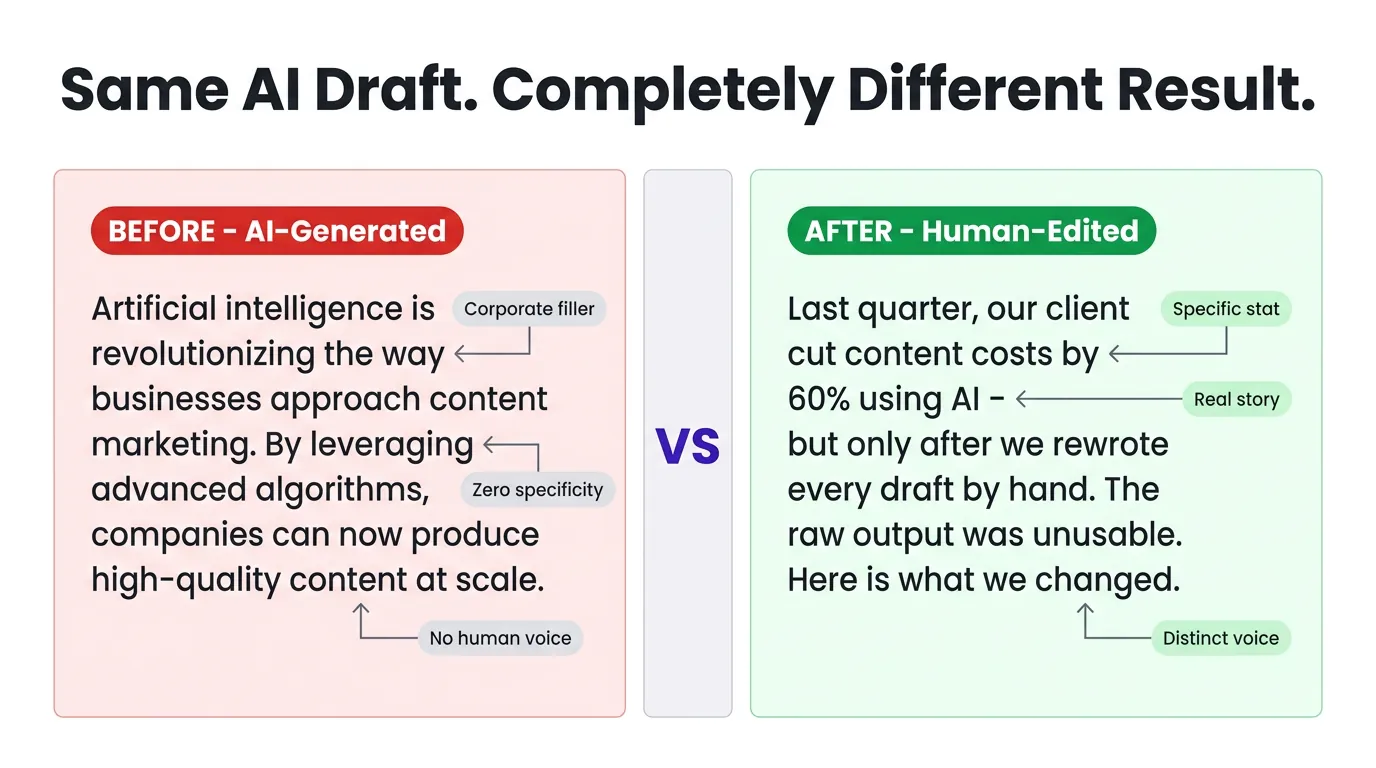 Side-by-side card comparing AI-generated paragraph labeled 'Before' in red versus human-edited version labeled 'After' in green, with annotation arrows calling out corporate filler, specific stats, and distinct voice