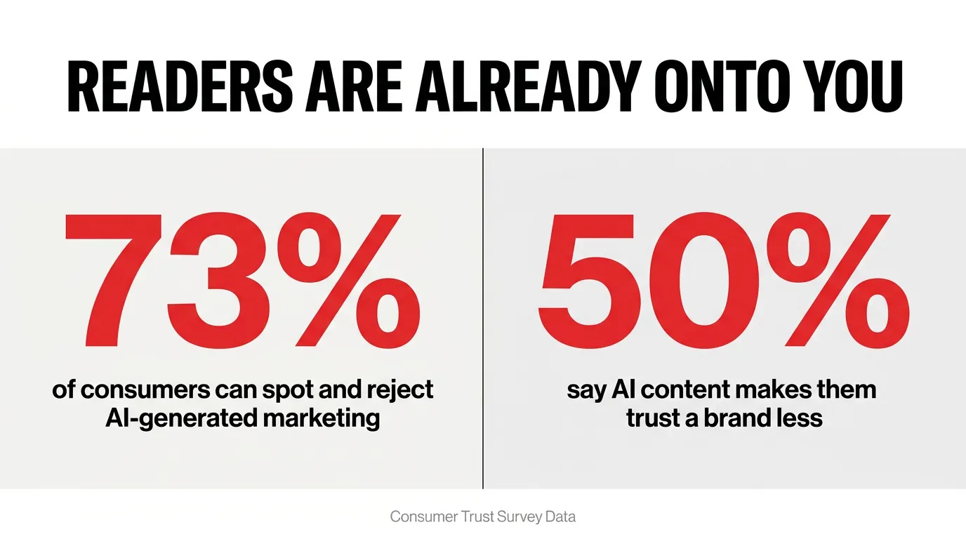 Split-panel graphic: '73%' and '50%' in large red type showing consumer AI content detection and trust loss stats
