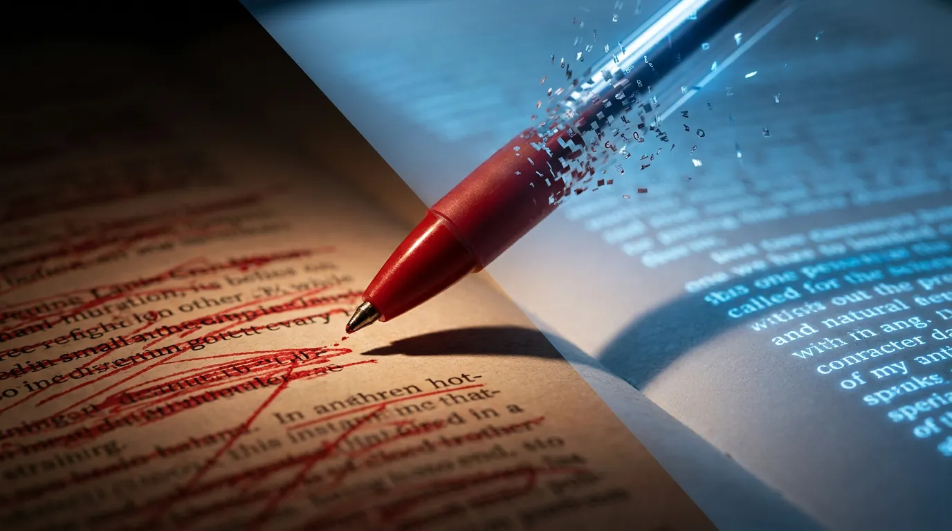 Red pen hovering over strikethrough-covered page, ink trail dissolving into blue digital fragments in dramatic split lighting