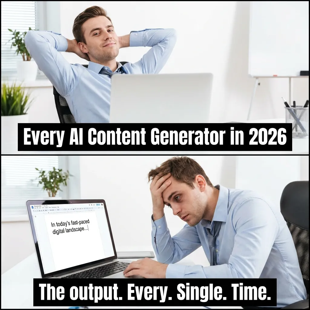 Two-panel meme: top shows smug person at laptop captioned 'Every AI Content Generator in 2026,' bottom shows same person exhausted, laptop screen reading 'In today's fast-paced digital landscape...'