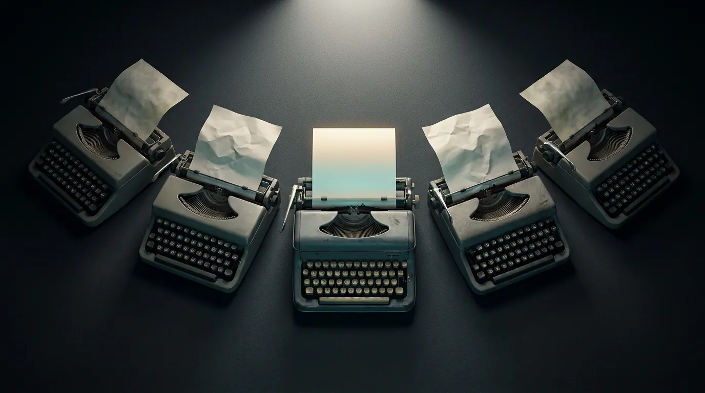 Five vintage typewriters in a semicircle under a single spotlight, center ribbon glowing gold while outer ribbons crumple and fade on dark charcoal background