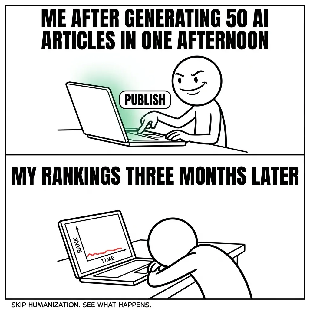 Two-panel stick figure meme: top panel shows confident figure pressing PUBLISH on laptop, bottom panel shows same figure slumped over desk staring at flat-line SEO rankings graph