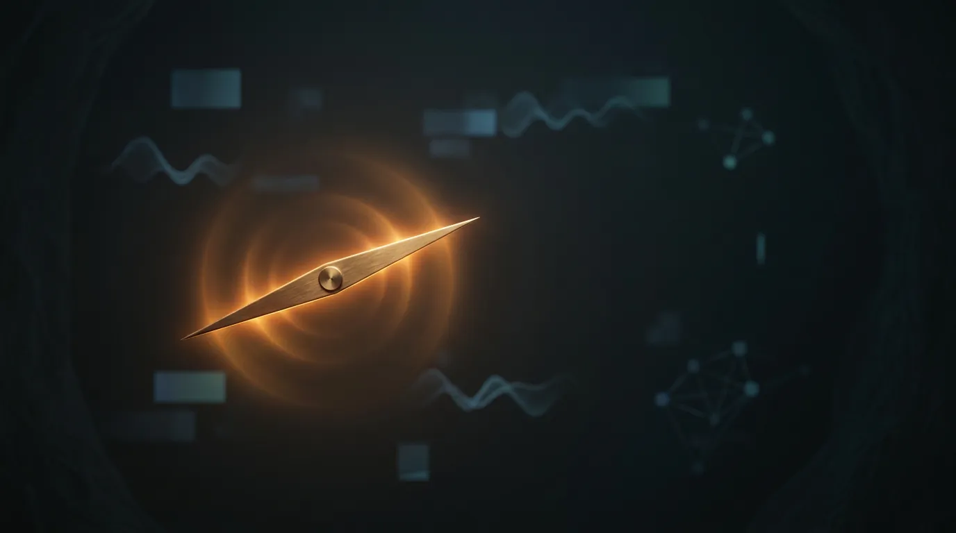 Glowing amber compass needle suspended in dark void, faint blue geometric shapes drifting in background