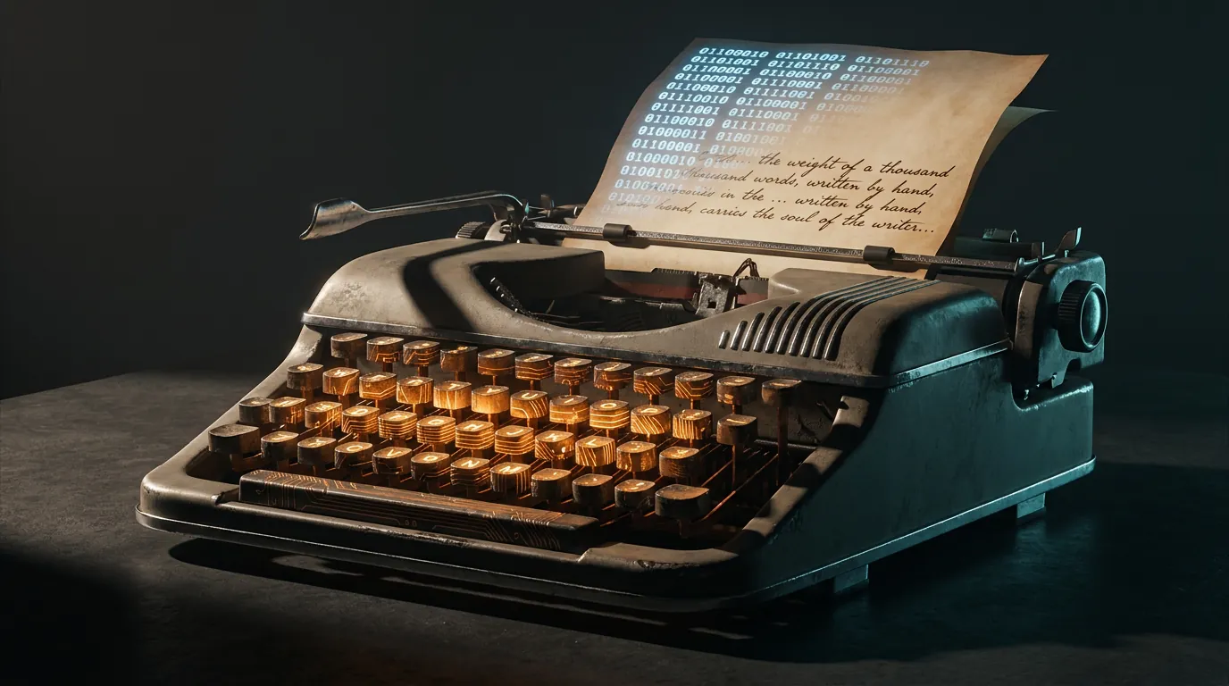Vintage typewriter with glowing amber circuit board keys, paper in carriage shifting from blue pixelated text at top to handwritten ink strokes at bottom